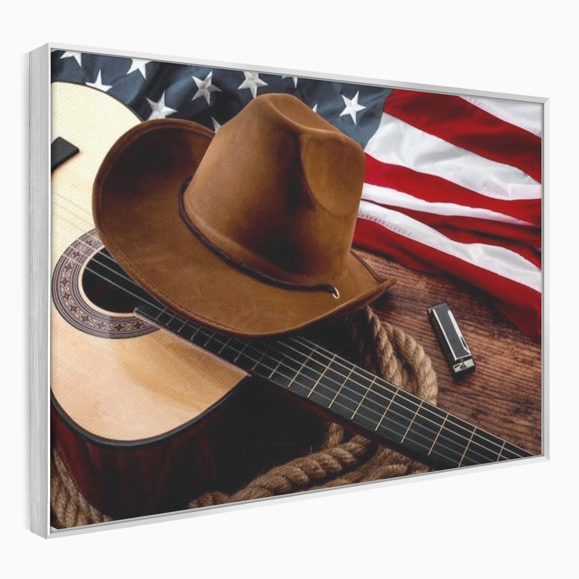 Tablou canvas cu tablou canvas cu palarie, chitara si drapel american, in rama de aluminiu argintiu